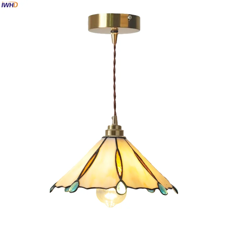 

IWHD Home Decor LED Pendant Lights Kitchen Island Living Room Bedside Japan Vintage Copper Colored Glass Hanging Lamp Luminaire
