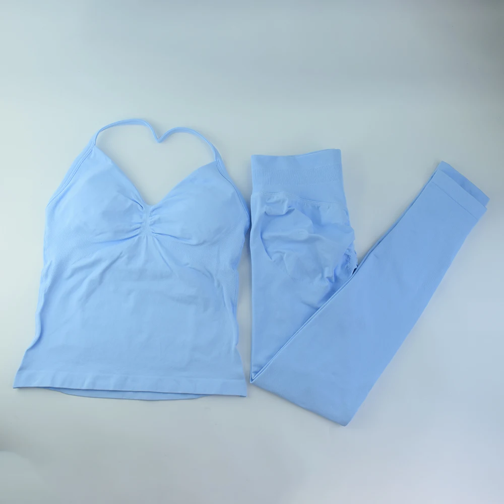 مجموعات اليوغا ملابس الصالة الرياضية النسائية غير الخطوط Strappy أعلى أكتيفيوير البدلة الرياضية 2 قطعة اللياقة البدنية الجري تجريب ملابس رياضية لا شعار