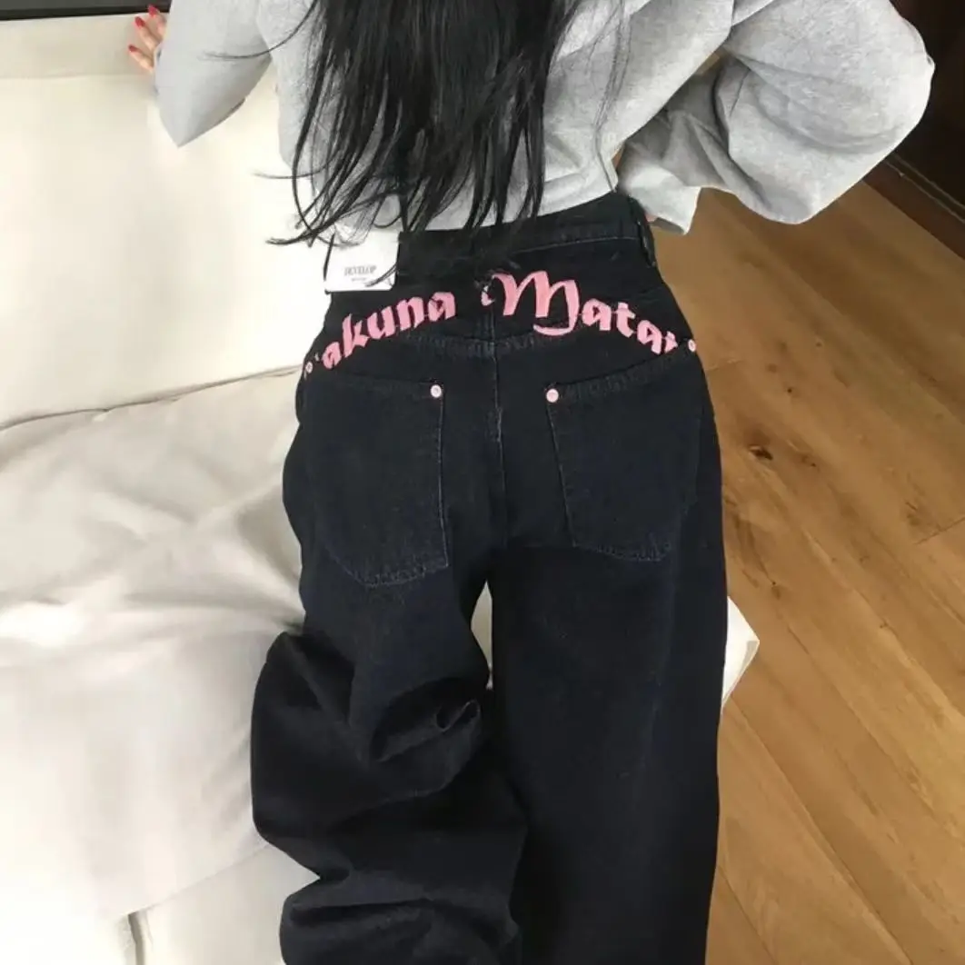 Casual Womens Jeans Y2K Letter Print Embroidered Wide Leg Jeans High Street Vintage Streetwear Fashion Sweet  Loose Trousers