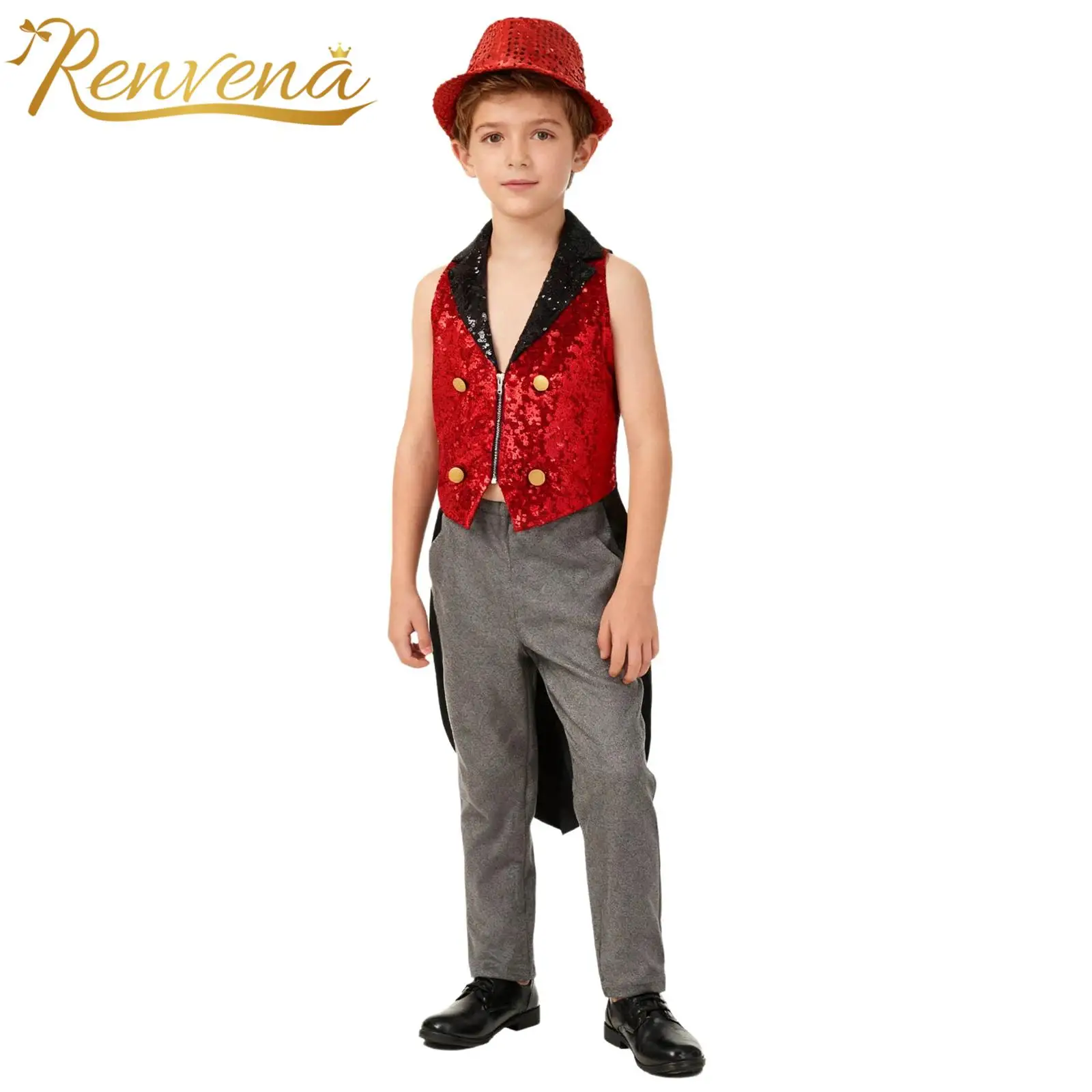 

Boys Girls Christmas Costume Shiny Sequin Vest Christmas New Year Xmas Santa Elf Circus Show Sleeveless Faux Fur Hem Waistcoats