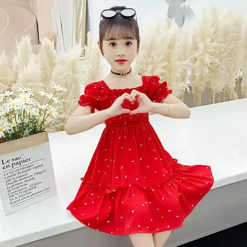 

2025 Summer kid puff sleeve Girls Long Teenager suspender square flower chiffon layered princess slip dress party 8 10 12 Years