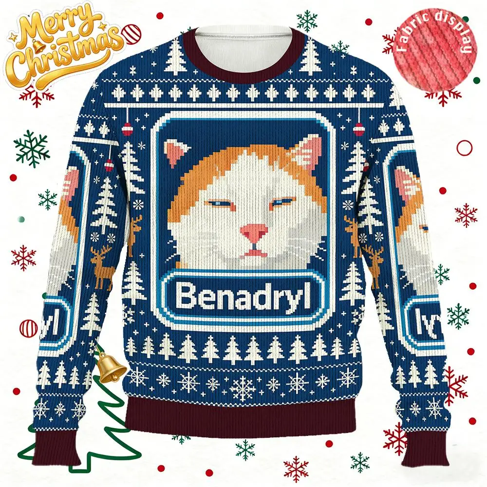 

Funny Benadryl Meme Cat Christmas Ugly Sweater Cartoon Cat Printed Holiday Party sweatshirt New Year’s Unisex Loose O-Neck Tops