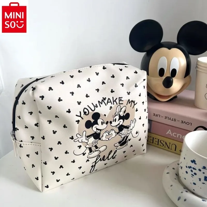 

MINISO Disney Cartoon Mickey Makeup Bag Fashionable Girl Polka Dot Cute Retro Storage Toilet Large Capacity Handbag