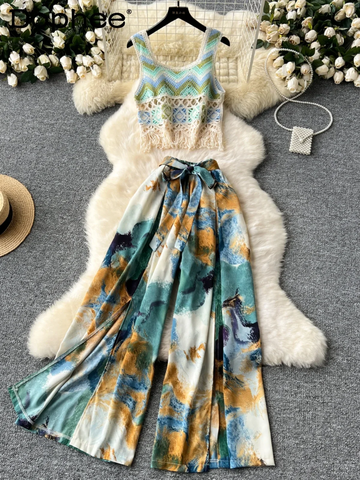 

Summer Vacation Seaside Beach Loose Split Wide-Leg Casual Pants and Hollow Knitted Tassel Top Two Piece Sets Womens Outifits