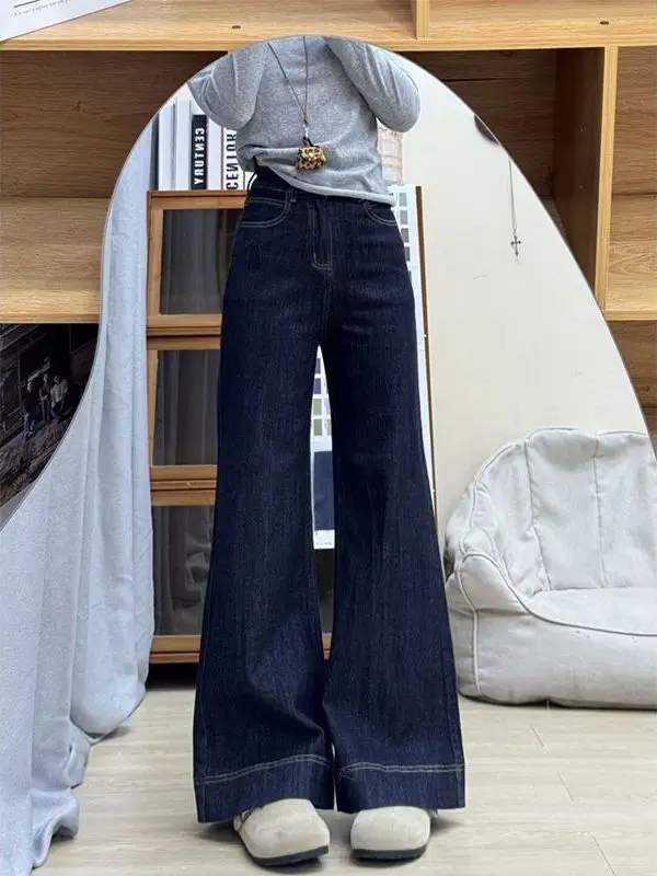 High Waist Bell Bottom Denim Jeans Women's Loose Wide Leg Pants American Retro Style Blue Jeans Slimming Effect Not Tight Fit