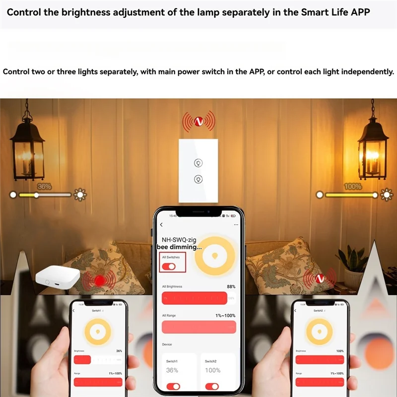 

AS95-Tuya Smart Zigbee Multi-Gang Light Dimmer Switch Independents Control Smart Tuya APP Control Works With Alexa Home A US Plu