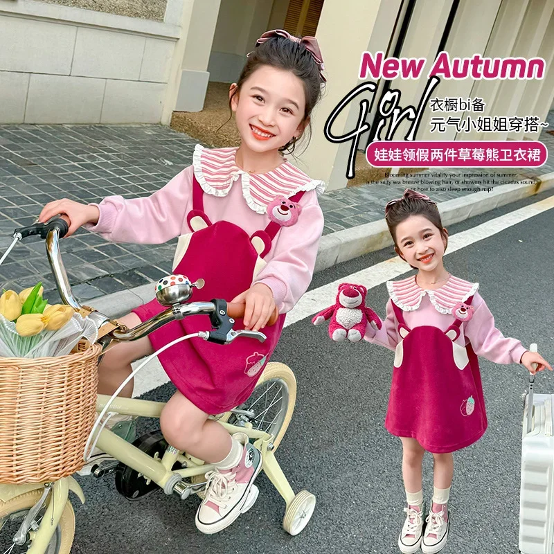 Disney strawberry bear cute children wear lapel skirt cartoon contrasting color doll versatile fake two-piece bottoming dress