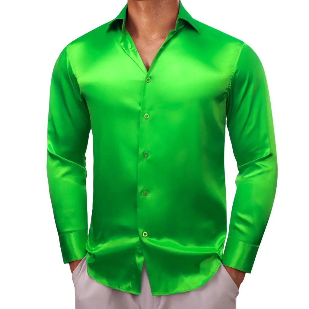 Barry Wang Shirts for Men Long Sleeve Silk Solid Satin Red Green Blue Pink Purple Gold Casual Male Blouses Luxury Clothing