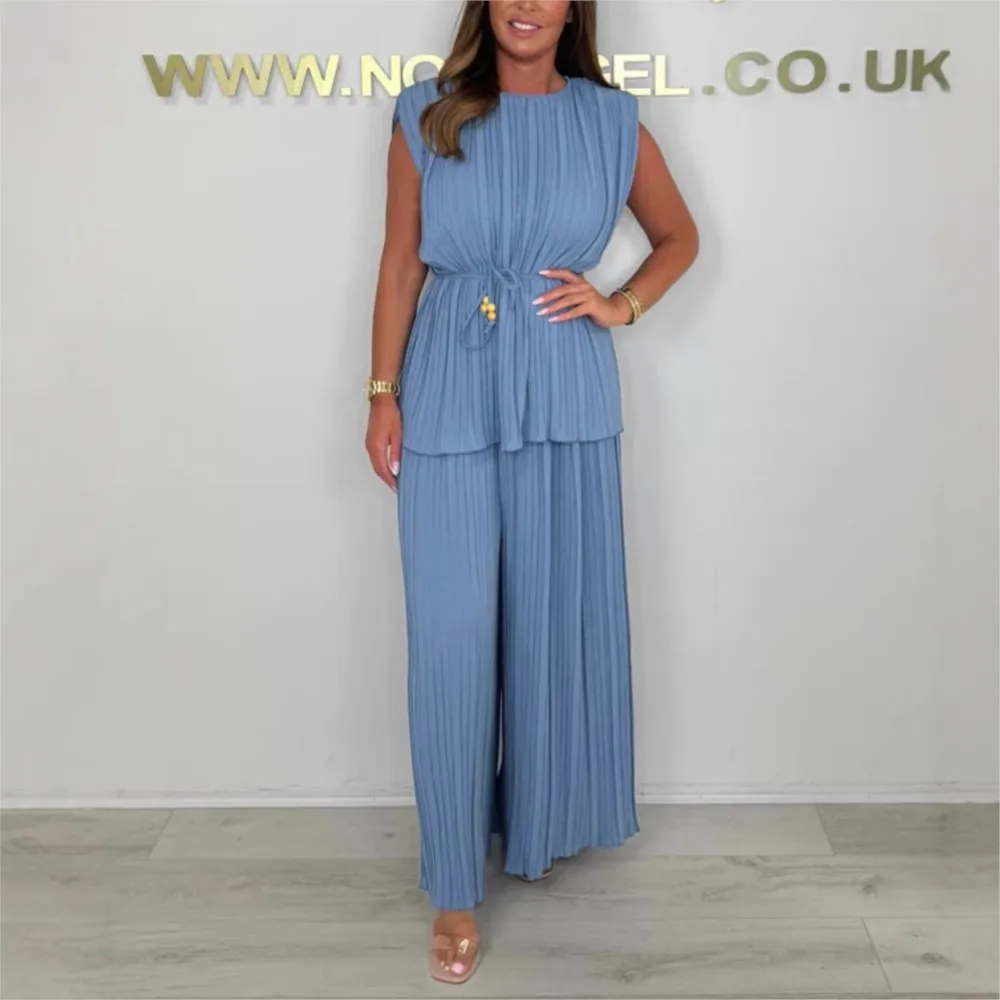 Pantaloni a gamba larga senza maniche pieghettati alla moda elegante Set da 2 pezzi da donna Nuovi pantaloni casual larghi con lacci Abito da ufficio femminile