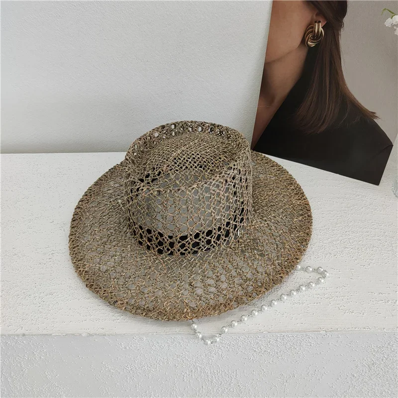 202506-SHI INS الصيف دروبشيبينغ العشب الملح الطبيعي مخرمة النسيج اللؤلؤ سلسلة سيدة فيدورا قبعة المرأة بنما الجاز قبعة #4