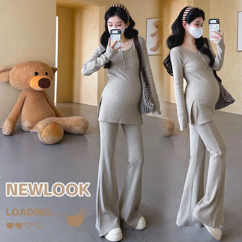 Maternity Clothes Spring Autumn 2026 Minimalist Soft Comfortable Slim Knit Top and Flare Pants for Pregnant Women Homewear