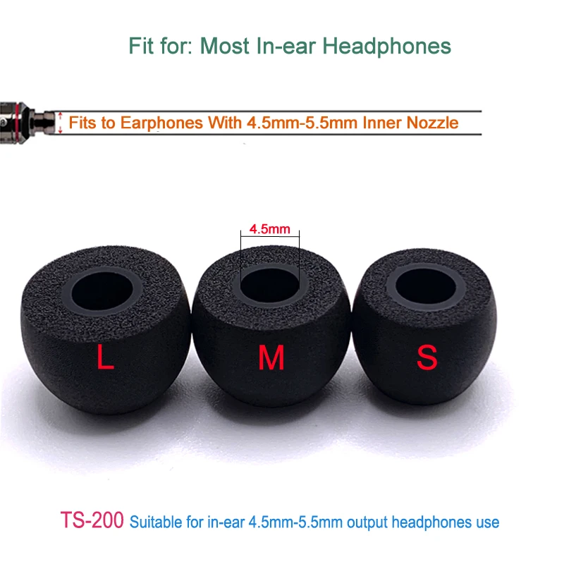 2 Paar Memory Foam Ear Tips Oor Pad TS200 4.5Mm (L M S) oordopjes Voor Tws In-Ear Oortelefoon 4.5-5.5Mm Headset Noise Lsolation Oordopjes