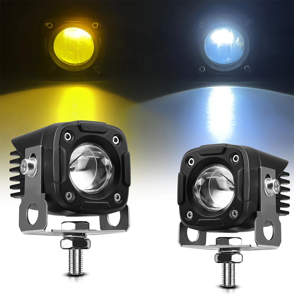 A Pair Motorcycle LED Headlight Auxiliary Spotlight Yellow White Dual Color Fog Light 9V-30V 60W Mini projector Lens Universal