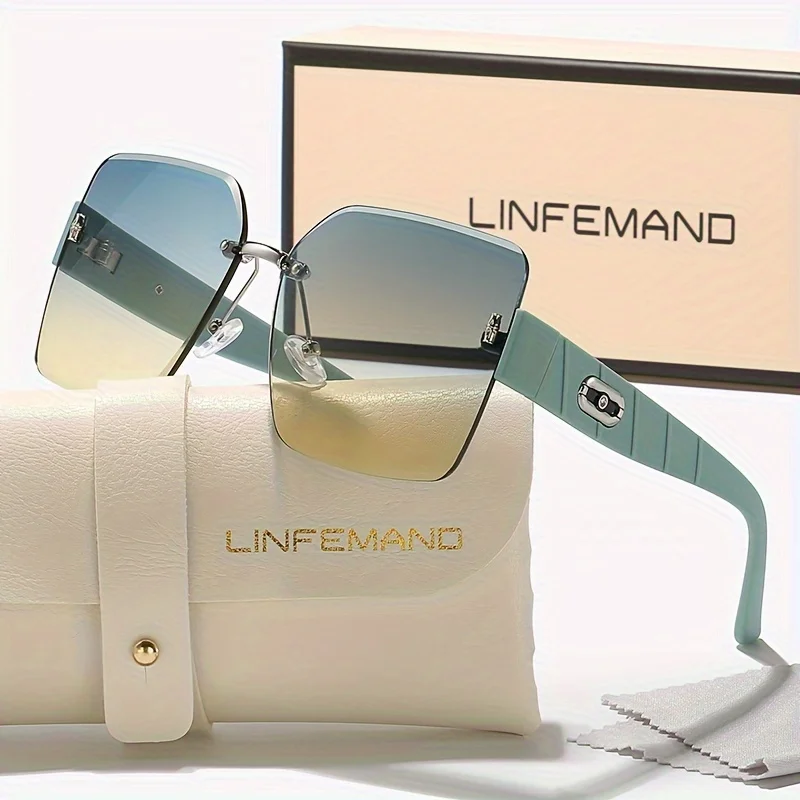 LINFEMAND Große rahmenlose Farbverlaufsbrille für Damen, modischer Sonnenbrillenschutz, geeignet für Strand, Freizeitkleidung, Urlaubsgeschenk
