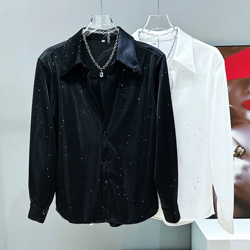 PFHQ جديد قميص رجالي فضفاض الكورية موضة المرصعة بالنجوم الترتر بأكمام طويلة 2025 بدوره إلى أسفل طوق الذكور بلايز موضة جديدة 21E2066 #2