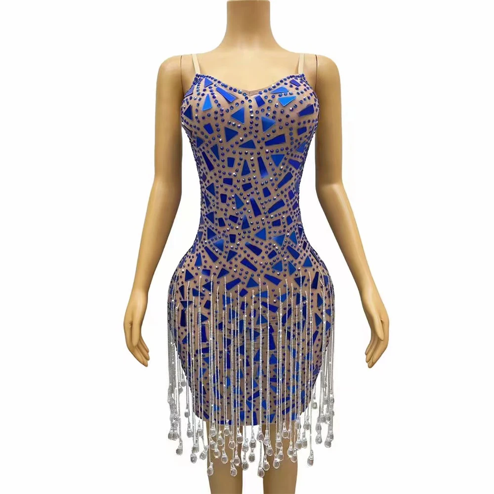 

Sexy Blue Silver Mirrors Rhinestones Crystals Fringes Dress Birthday Celebrate Sexy Singer Costume Party Photoshoot Dress