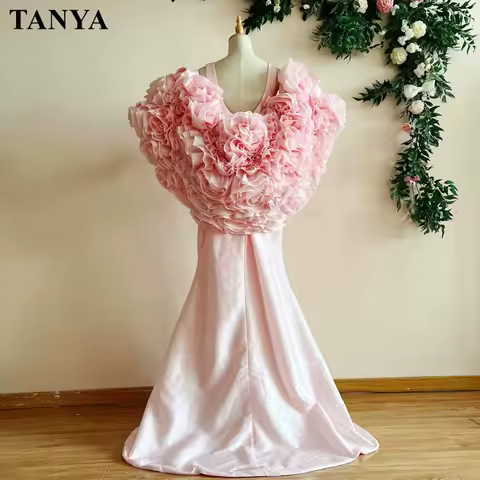 Romantic Pink Rose 3D Flower Evening Dress Mermaid V Back Little Train Luxury Long Formal Lady Dress Pageant Gown Prom Party