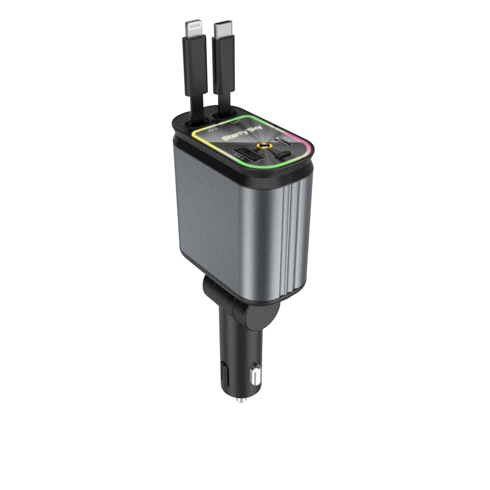 Автомобильное зарядное устройство 4 в 1, выдвижной кабель, автоматическая крыша, Starlight Type-c, быстрая зарядка прикуривателя для iPhone, Huawei, Samsung