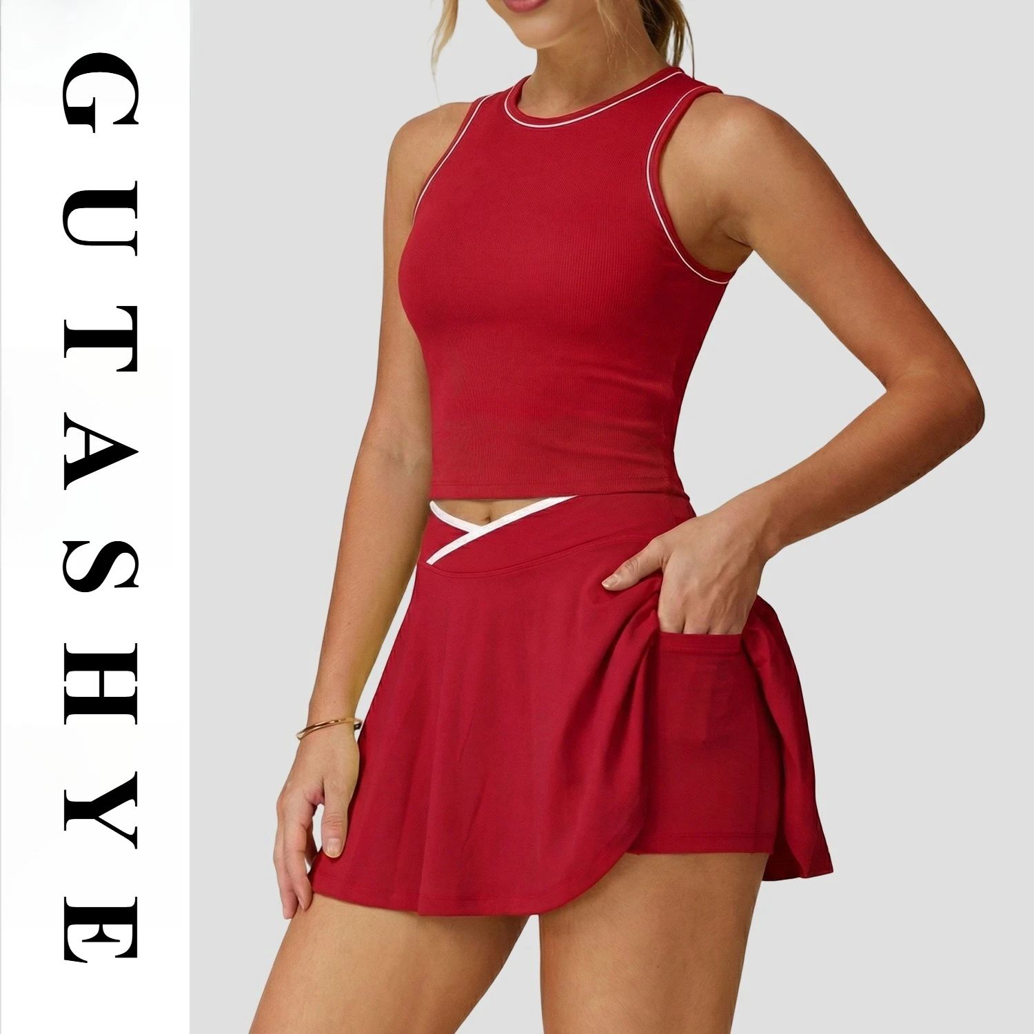 Women Color Block Patchwork 2 Piece Outfit Tennis Badminton Skort Set Casual Athletic Sports Dress for Golf Outdoor Activity