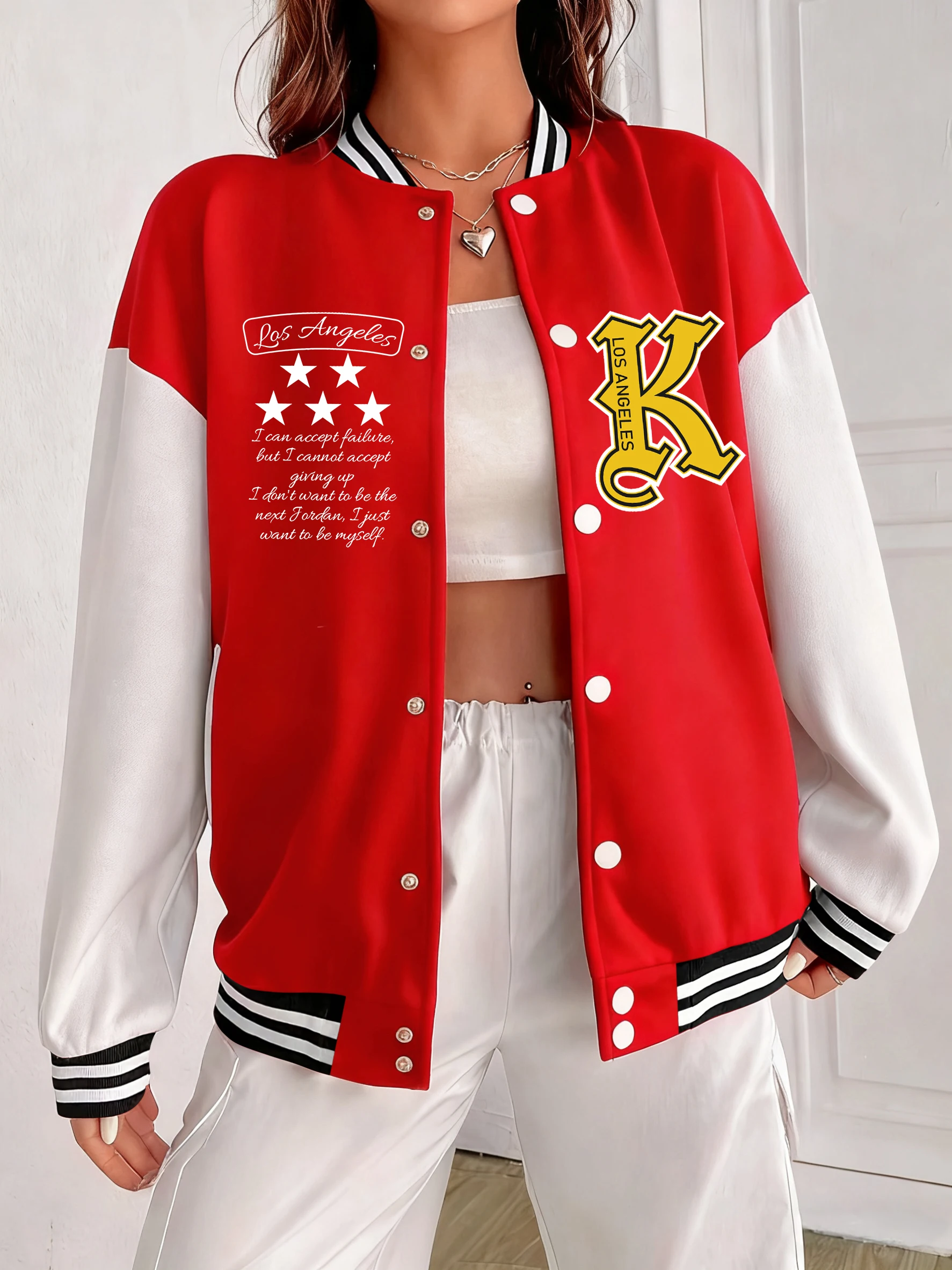 

Usa Letter K And Pentagram Print Women Baseball Uniform Cotton Pocket Jacket Loose American Streetwear Street Casual Clothes