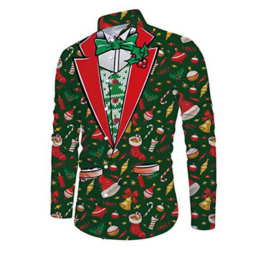 Chemises de Noël à manches longues pour hommes, chemises boutonnées, fête du père Noël, extérieur, rue, hiver, coloré, force élastique