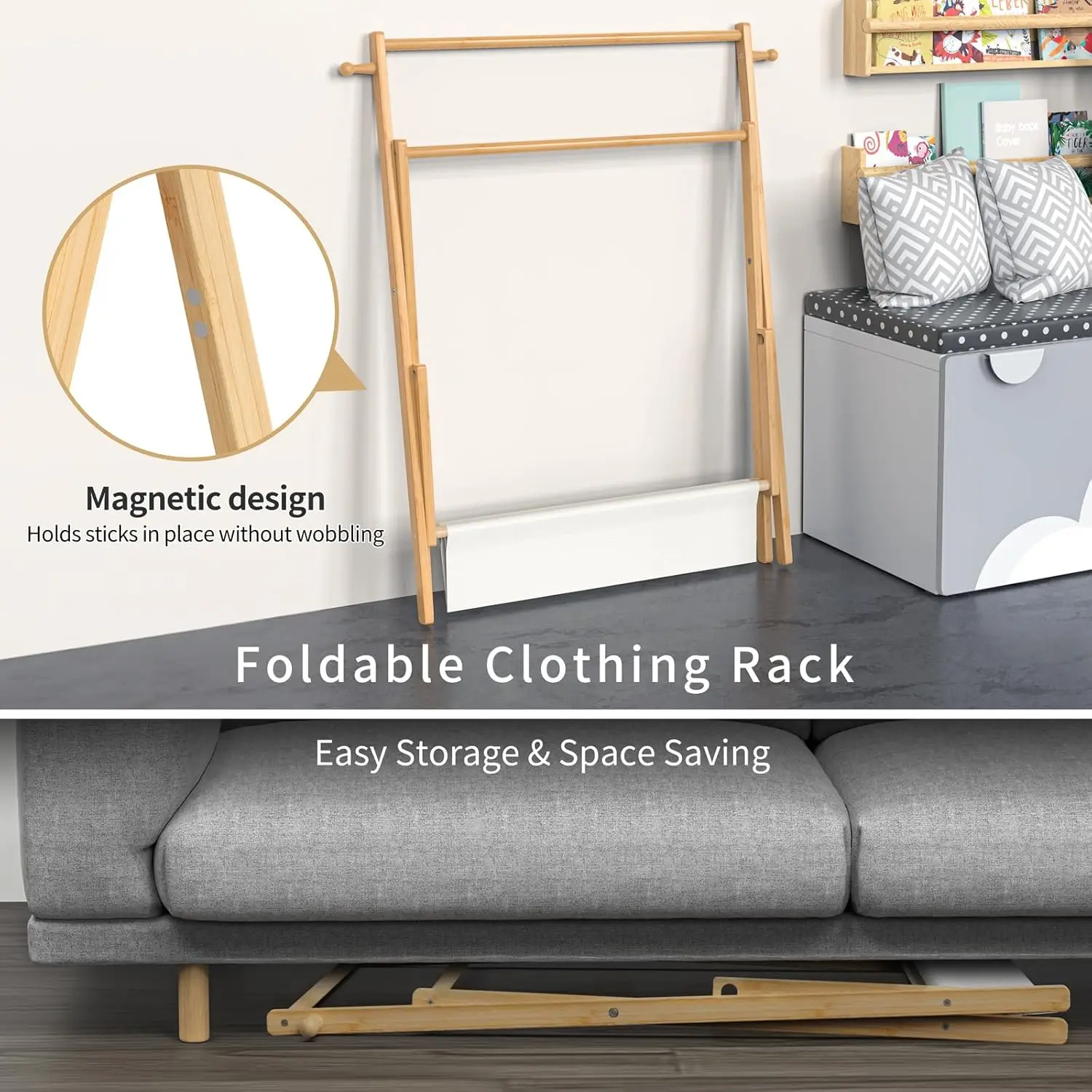 Foldable Kids Clothes Rack with Storage Shelf & Double Rods for Nursery and Playroom