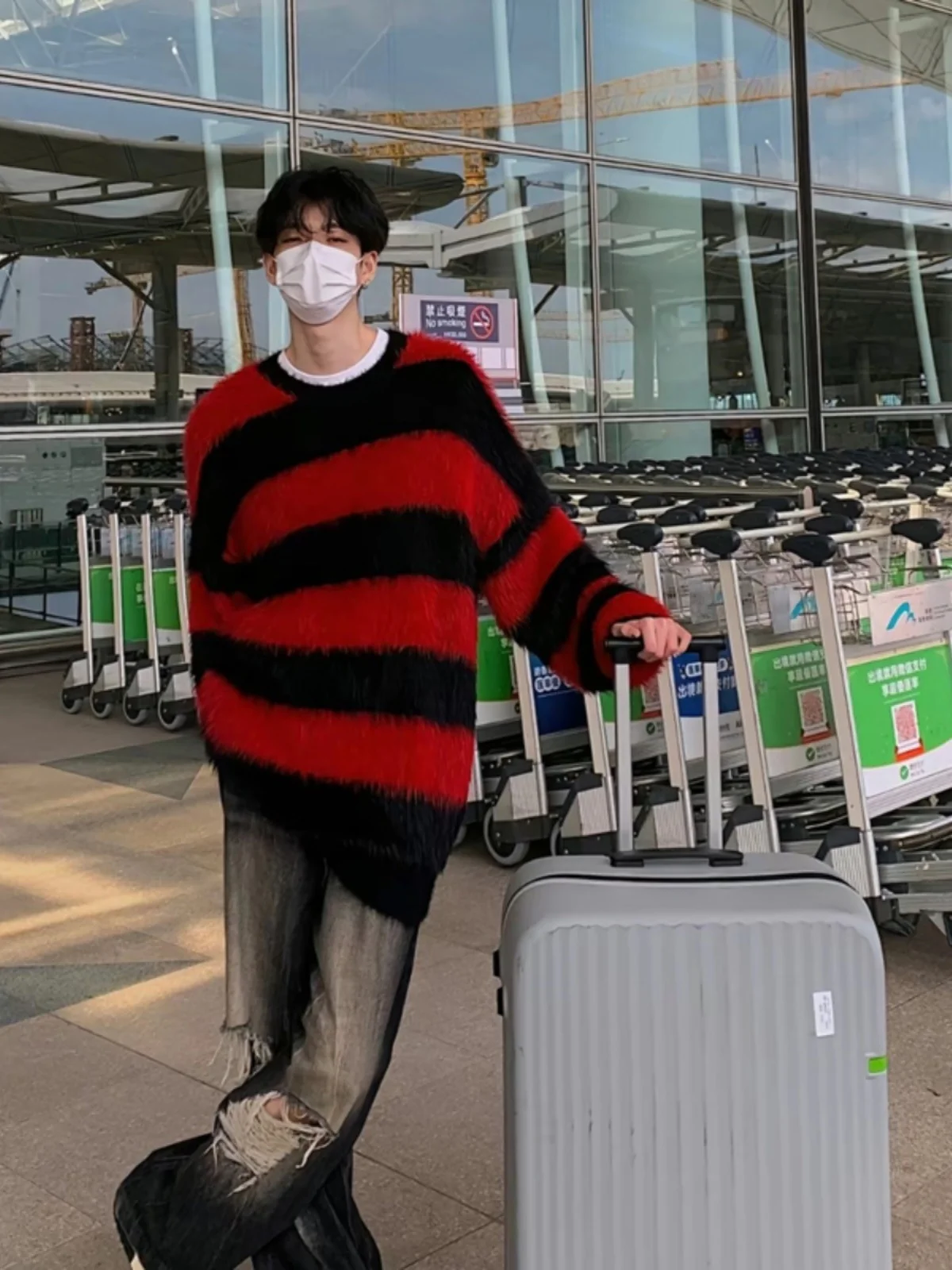 

Men's Winter Knitted Sweater Soft Cozy round Ne Maed Wool Red Bla Stripe Color Blo Knitwear Casual Loose Fit Outerwear