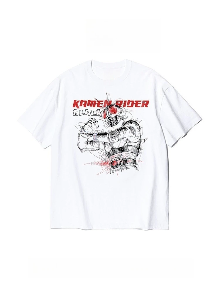 New Kamen Knight Shirt Retro Japanese Special Photo T-Shirt Masked Knight Pattern Short Sleeve Anime Style Streetwear 90s Style