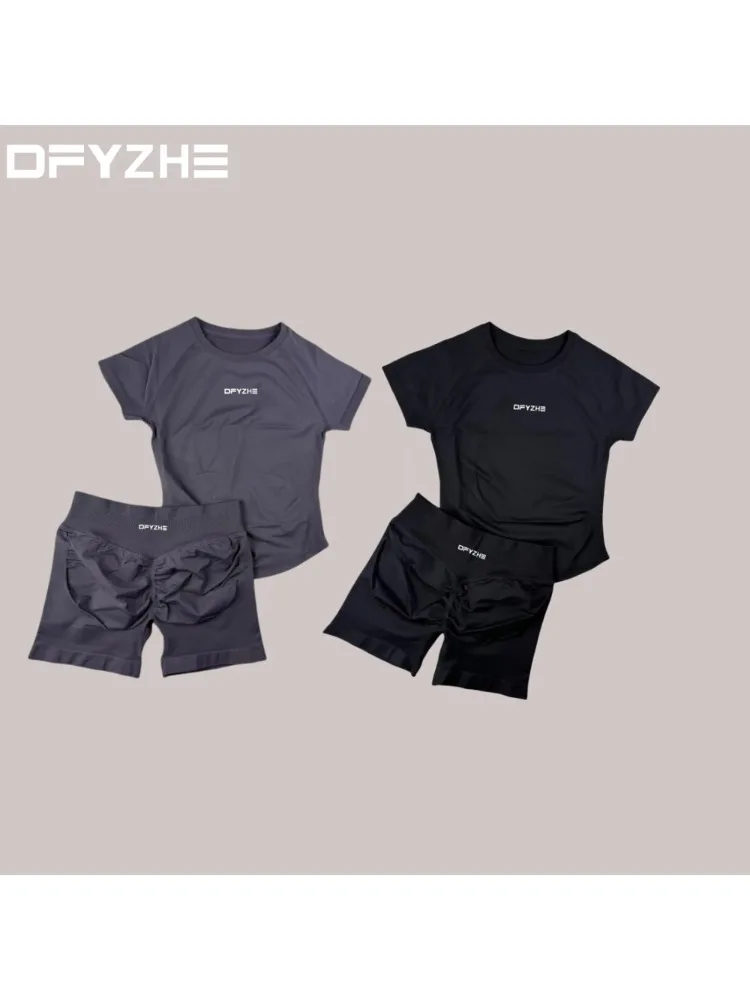 DFYZHE Impact sportpak Ronde hals Korte mouw Naadloze yoga-top Fitnesspak Fitness hardloopshorts Bokssportset - afbeelding 2