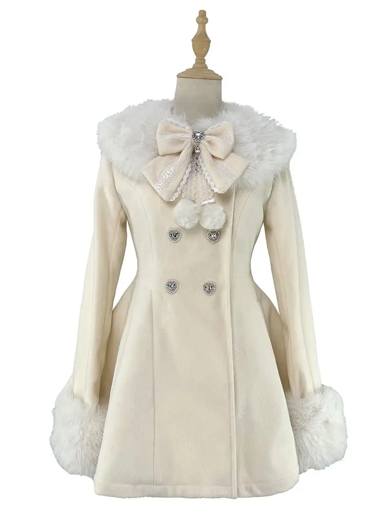 

Autumn Winter Japanese Kawaii Lolita Woolen Coat Women Sweet Bow Plush Slim Jacket Female Korean Style Warm Dress Cute Overcoat