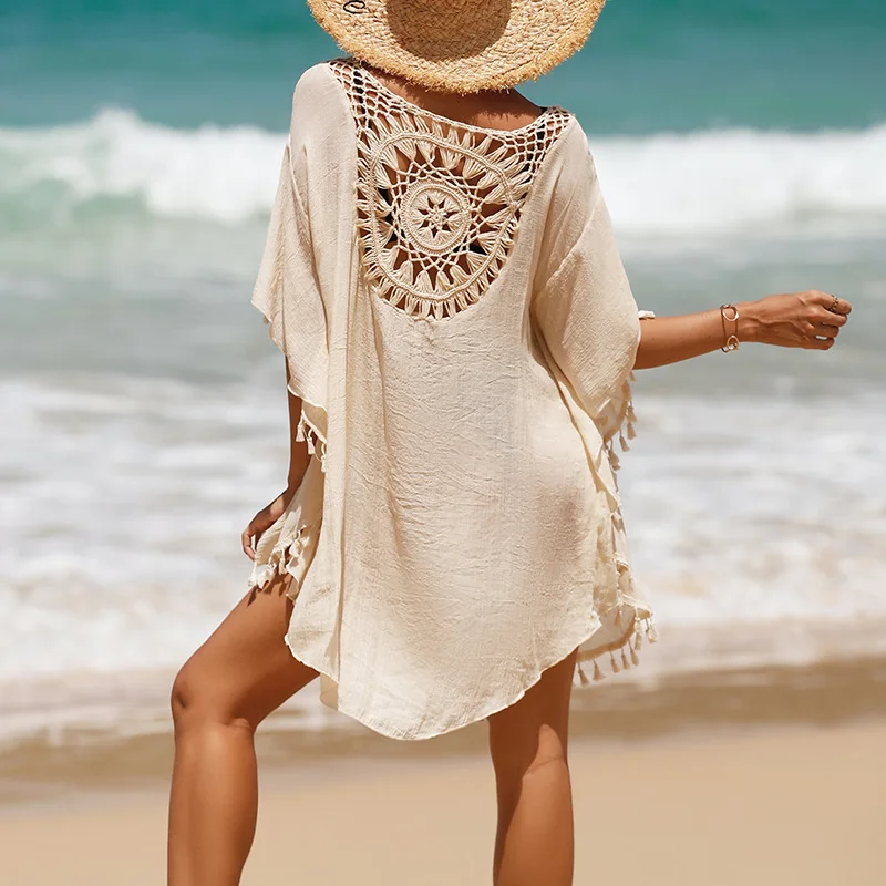 2024 Hand hook solid color patchwork beach skirt with small tassels for sun protection short sexy beach cover up