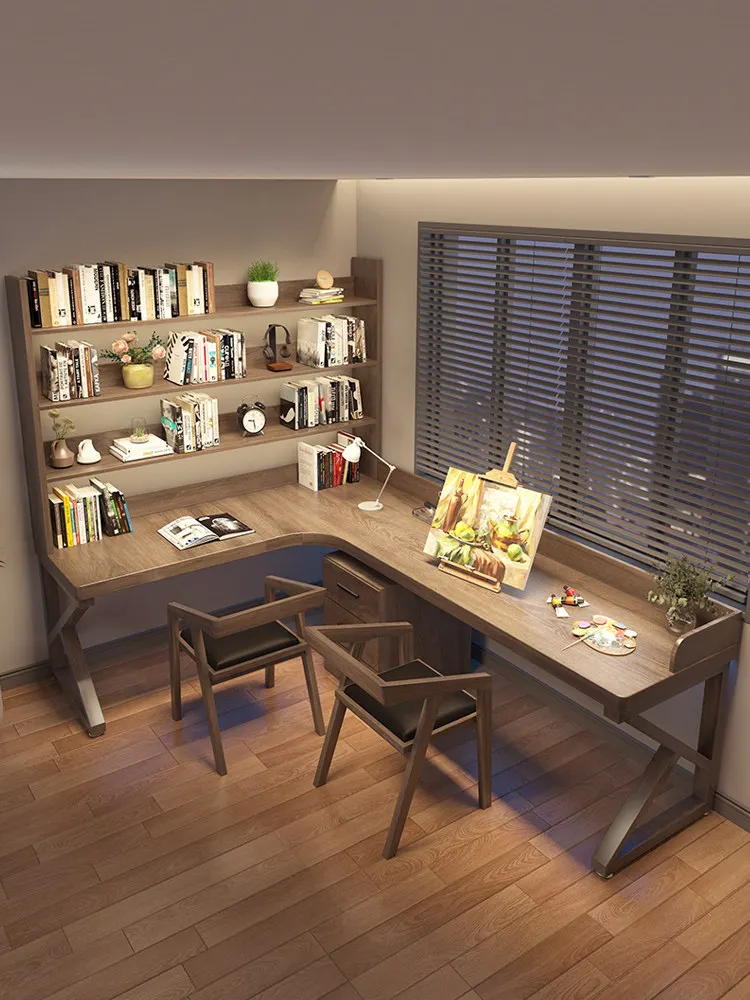 

PYJ all solid wood double desk bookshelf integrated combination home L-shaped computer desk
