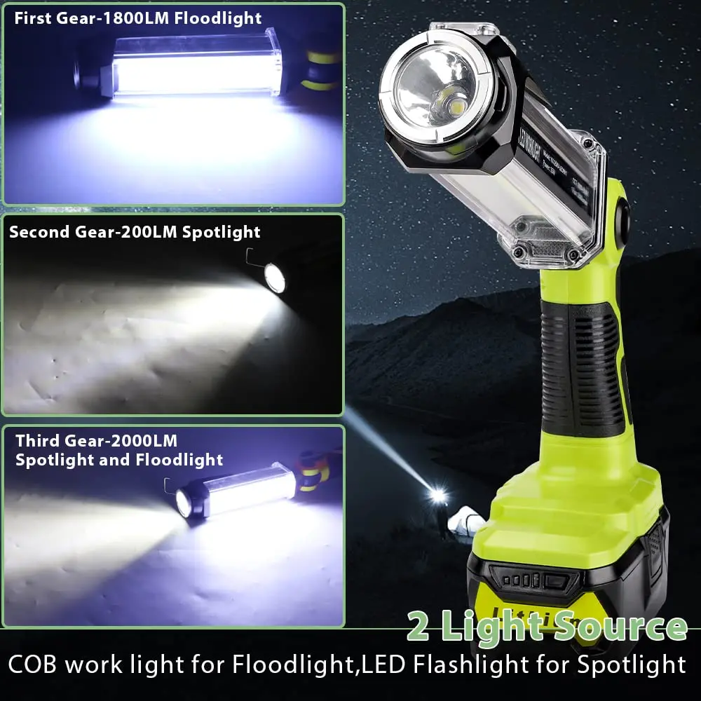 Flashlight Cordless Powered Spotlight 25W 2000LM LED Work Light for Ryobi 18V Li-ion Batterie Handheld Floodlights Camping Light