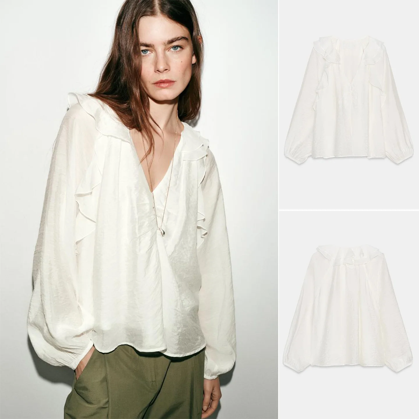 

Spring New Women's Long Sleeve V-neck Layered Decoration Pleated Shirt Top Casual Style Slim Fit Polyester Fiber 100%