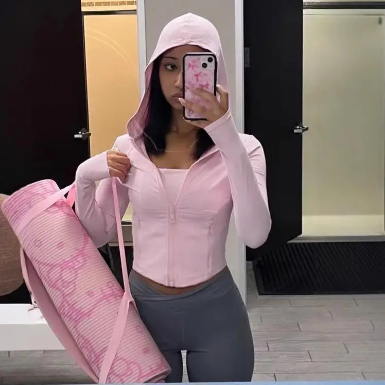 แขนยาวซิป Slim Hooded Sweatshirts ผู้หญิงเสื้อสปอร์ตวิ่งออกกําลังกายโยคะแจ็คเก็ต Casual Streetwear Hoodies Coat