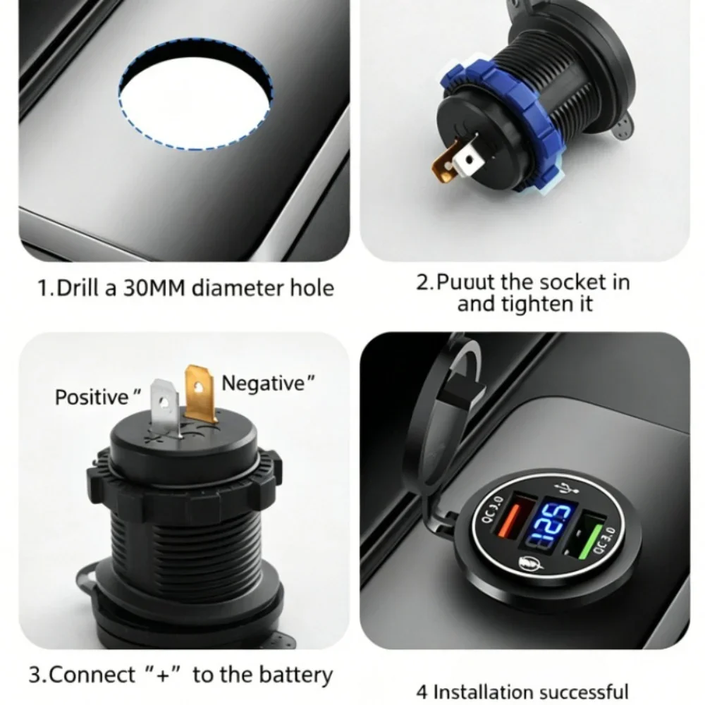 USB-Autoladegerät mit Dual-QC3.0-Anschluss, USB-Port mit LED-Voltmeter, Schnellladung, wasserdicht, für 12/24V Fahrzeuge, Motorräder, Wohnmobile und Boote – Detail 7