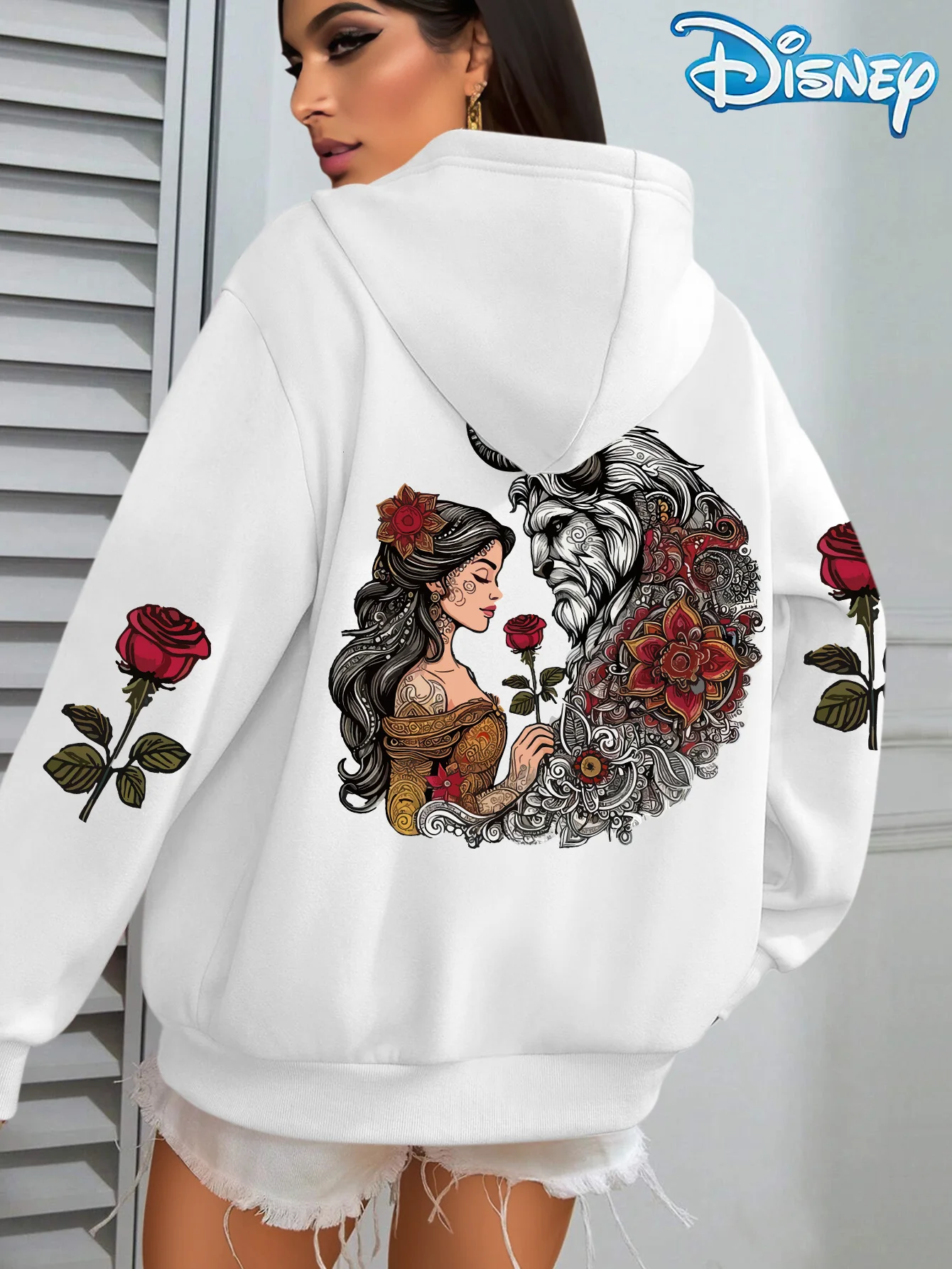 Unissex disney bela e a fera algodão velo hoodie cor preta besta belle rosa grande volta impressão manga design solto ajuste