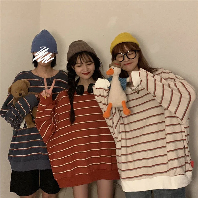 Striped Autumn Sweatshirts Korean Version Loose and Lazy Style Long Sleeve Clothes for Women Versatile Streetwear Women