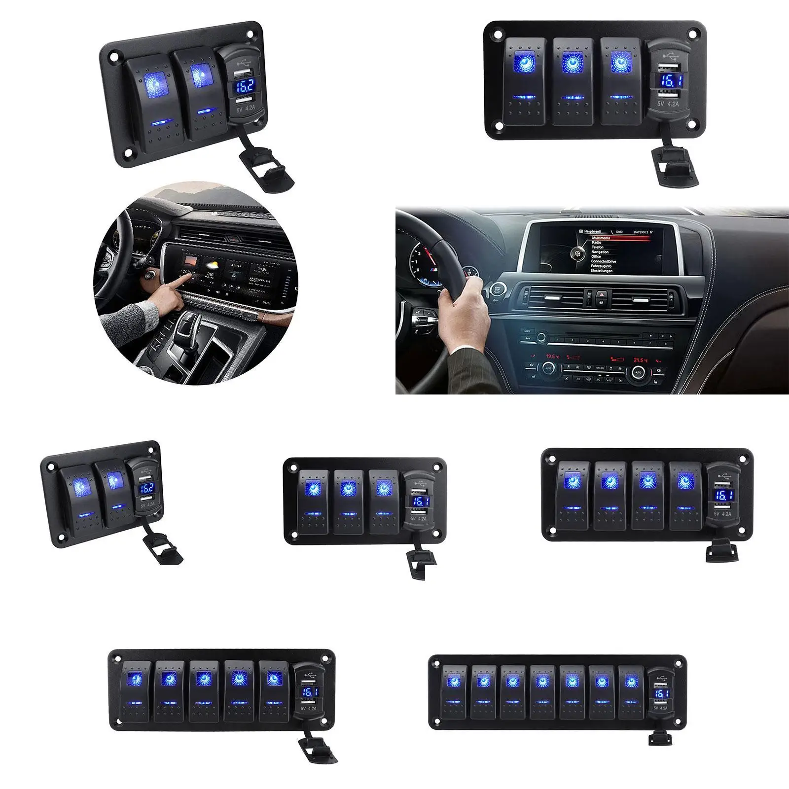 Rocker Switch Panel Professional Pre Wired Waterproof Blue Backlit 4.2A Double USB Charger Voltmeter Fast Charging for Boat