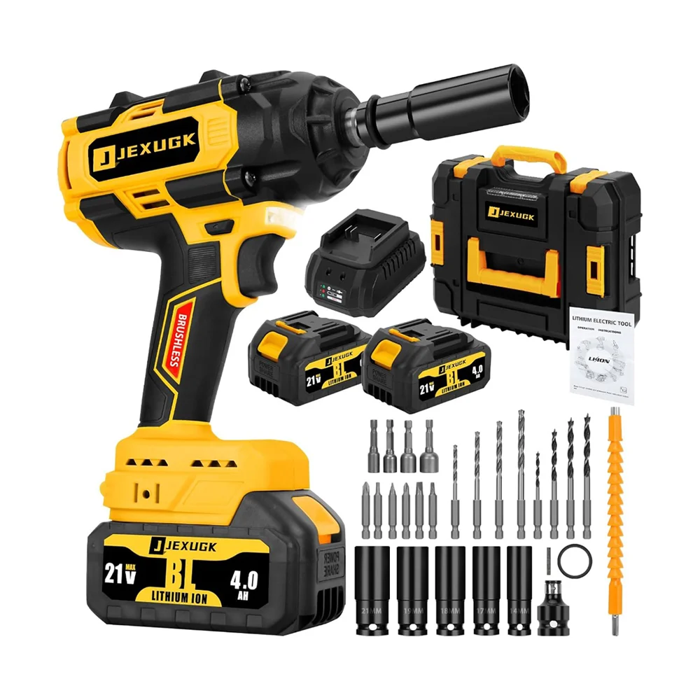 850N.m Cordless Impact Wrench Set, 12 Inch 640Ft-lbs 21V Brushless Impact Gun, Llave De Impacto W 2 X 4.0Ah Battery