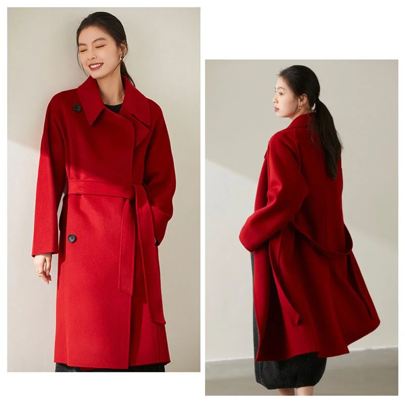 

Women Elegant Long Wool Coat With Belt Solid Color red Milk white Long Sleeve Chic Outerwear Ladies Drop Shoulder