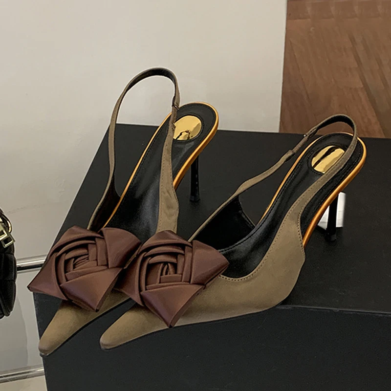 

Liyke Fashion Design Satin Square Flower Pointed Toe Slingback Sandals Women Pumps High Heels Party Prom Shoes Stilettos Mujer