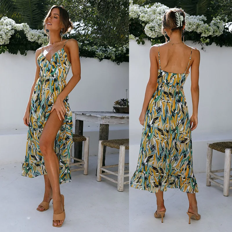 

2025 Summer New Print Lace-up Ruffled Skirt Halter Dress Women