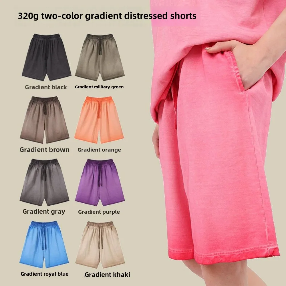 Unisex Gradient Distressed Shorts 320g Heavy Cotton Acid Washed Two Tone Bermuda Shorts Men Women Oversized Hip Hop Streetwear E