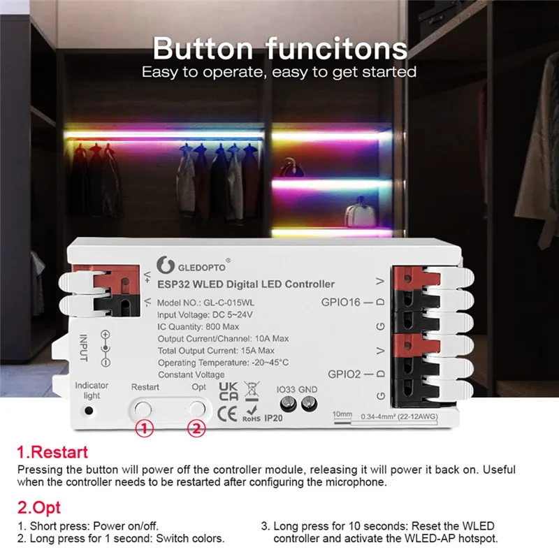 

2025 Trend GLEDOPTO ESP32 WLED RGB Контроллер световых лент Простая проводка DIY Световые эффекты 100+ Поддержка WS2811 WS2813 Strip L