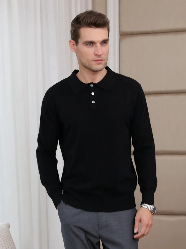 

New Men's Polo Collar Sweater Cashmere Solid 3 Buttons Pullovers Autumn Winter 100% Cashmere Knitwear Smart Casual Shirt Clothes