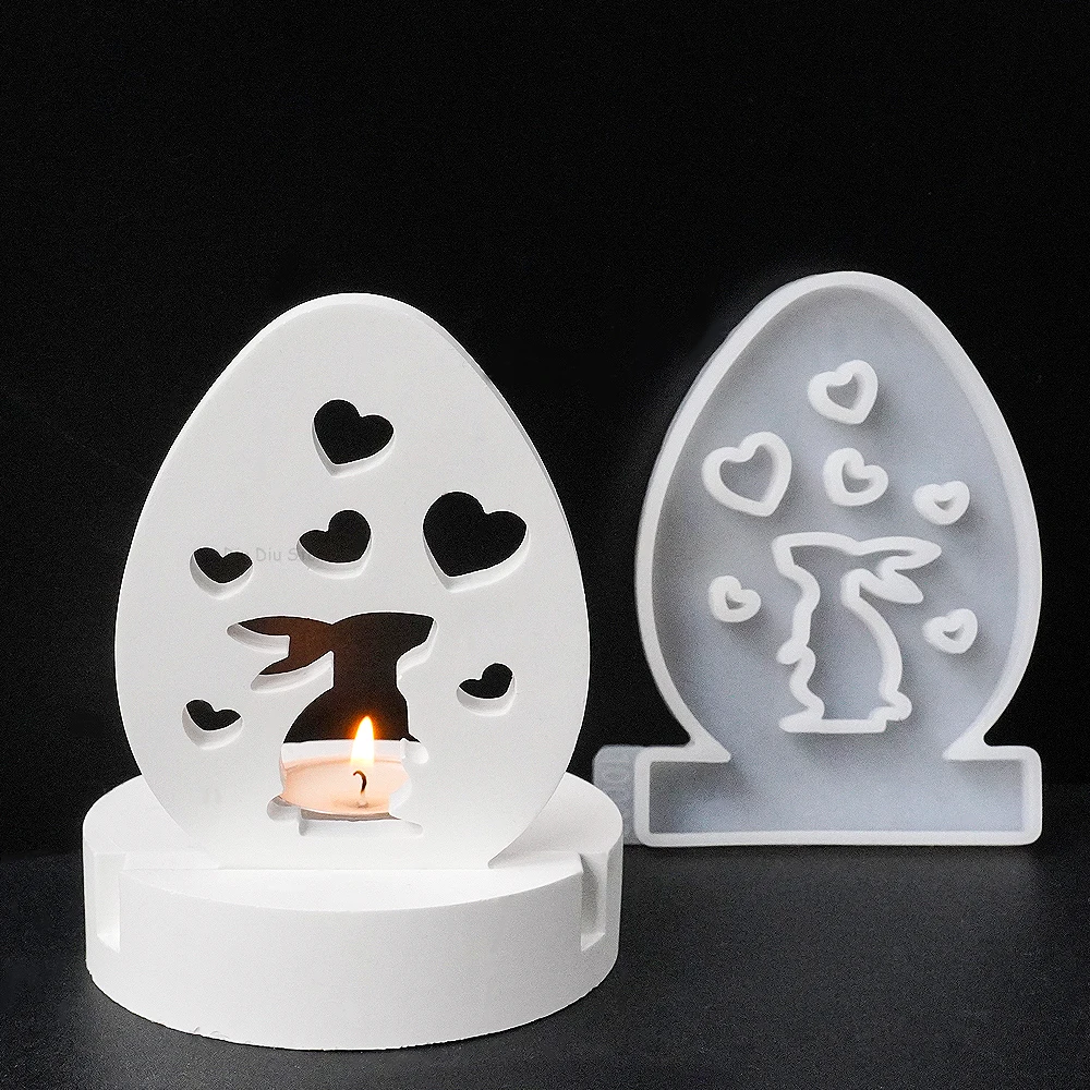 Heart Rabbit Candle Holder Silicone Mold Egg Shape Love Bunny Candlestick Molds DIY Plaster Concrete Resin Making Home Decor