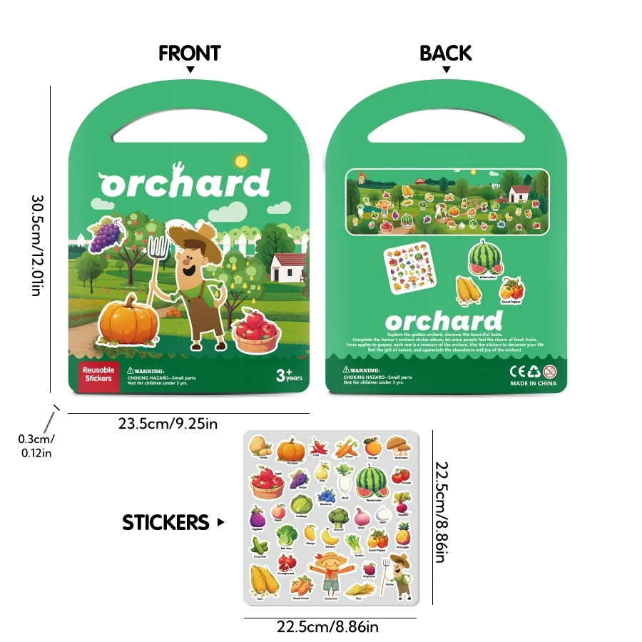 Children\'s Waterproof Cartoon Sticker Toy Book, Washable and Reusable Stickers, Animal, Fruit Garden, Dinosaur, Transportation, Human Body Themed