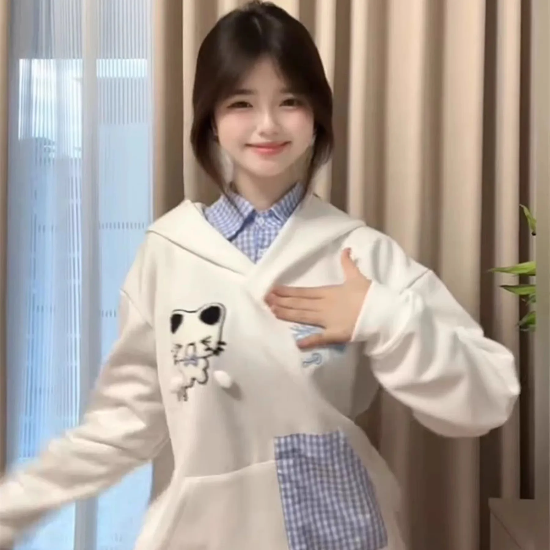 Y2K Übergroßer süßer Hoodie Damen Niedlicher Hund Stickerei Sweatshirt Herbst Winter Lose Pullover Harajuku Kawaii Kapuzenoberteile