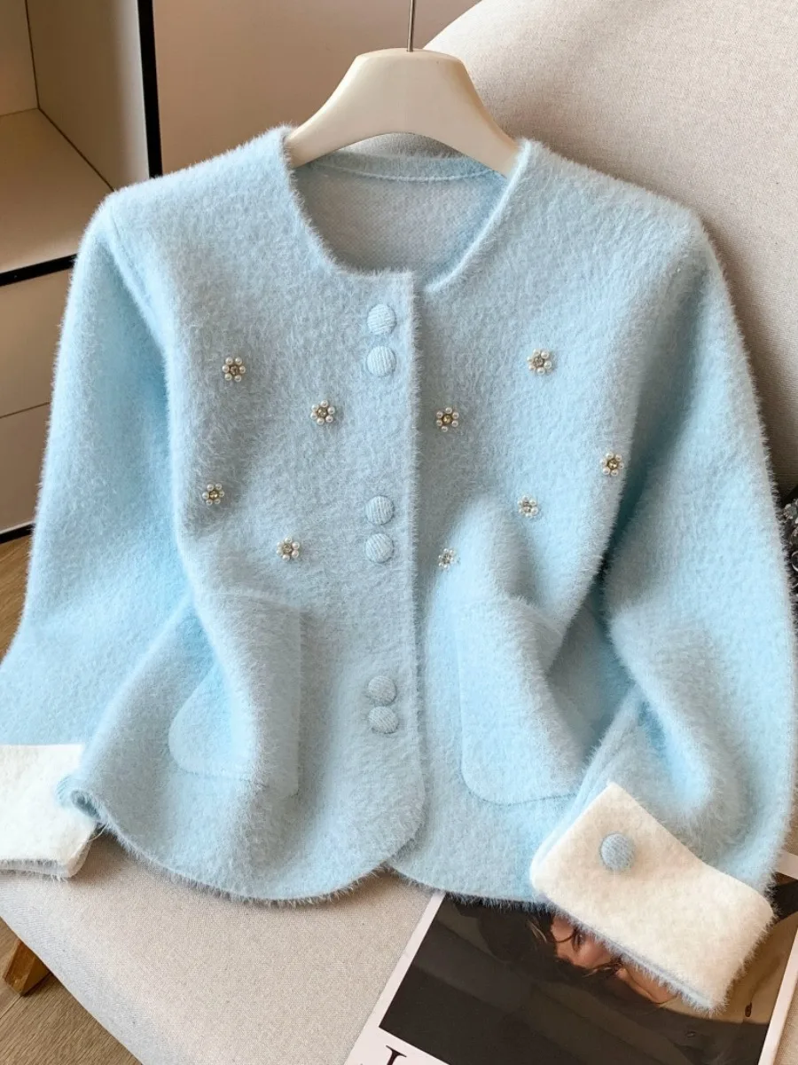 

Женское трикотажное пальто с тяжелой вышивкой и бриллиантами, осенне-зимняя верхняя одежда, корейский свободный крой, круглый, на пуговицах